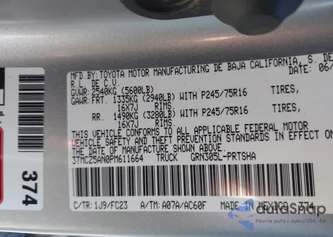 2023 Toyota Tacoma Sr5 V6 z USA, uszkodzony, nr VIN 3TMCZ5AN0PM611664